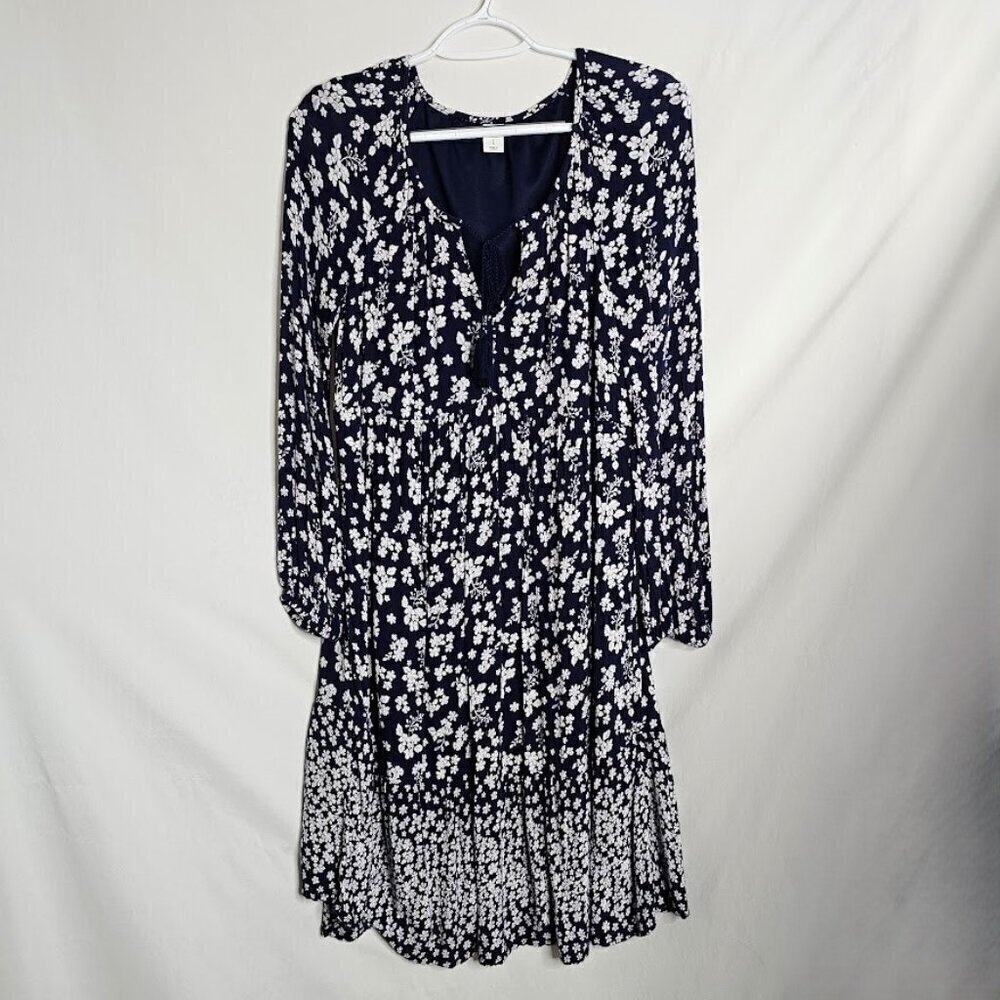 OLD NAVY Long Sleeve Dress size S NAVY BLUE & WHITE Floral Boho Peasant Casual - Picture 2 of 7